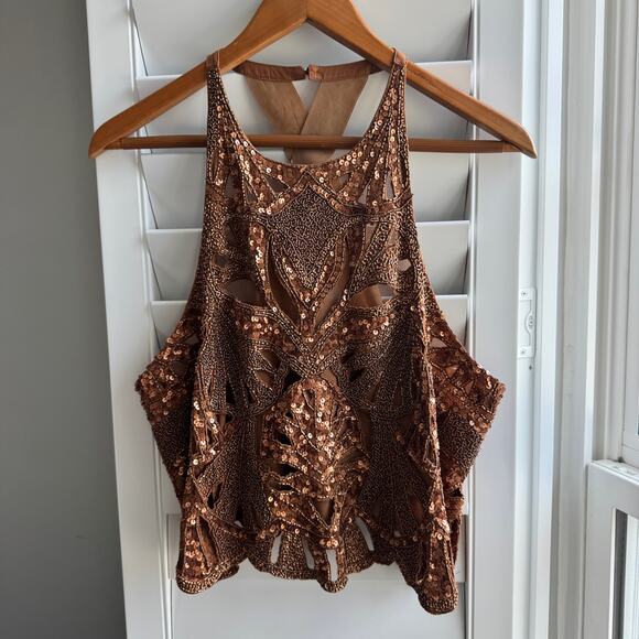 MAEVE by Anthropologie Top Size L Brown Embellished Cutwork Cross Back Tank NWT - Picture 14 of 16